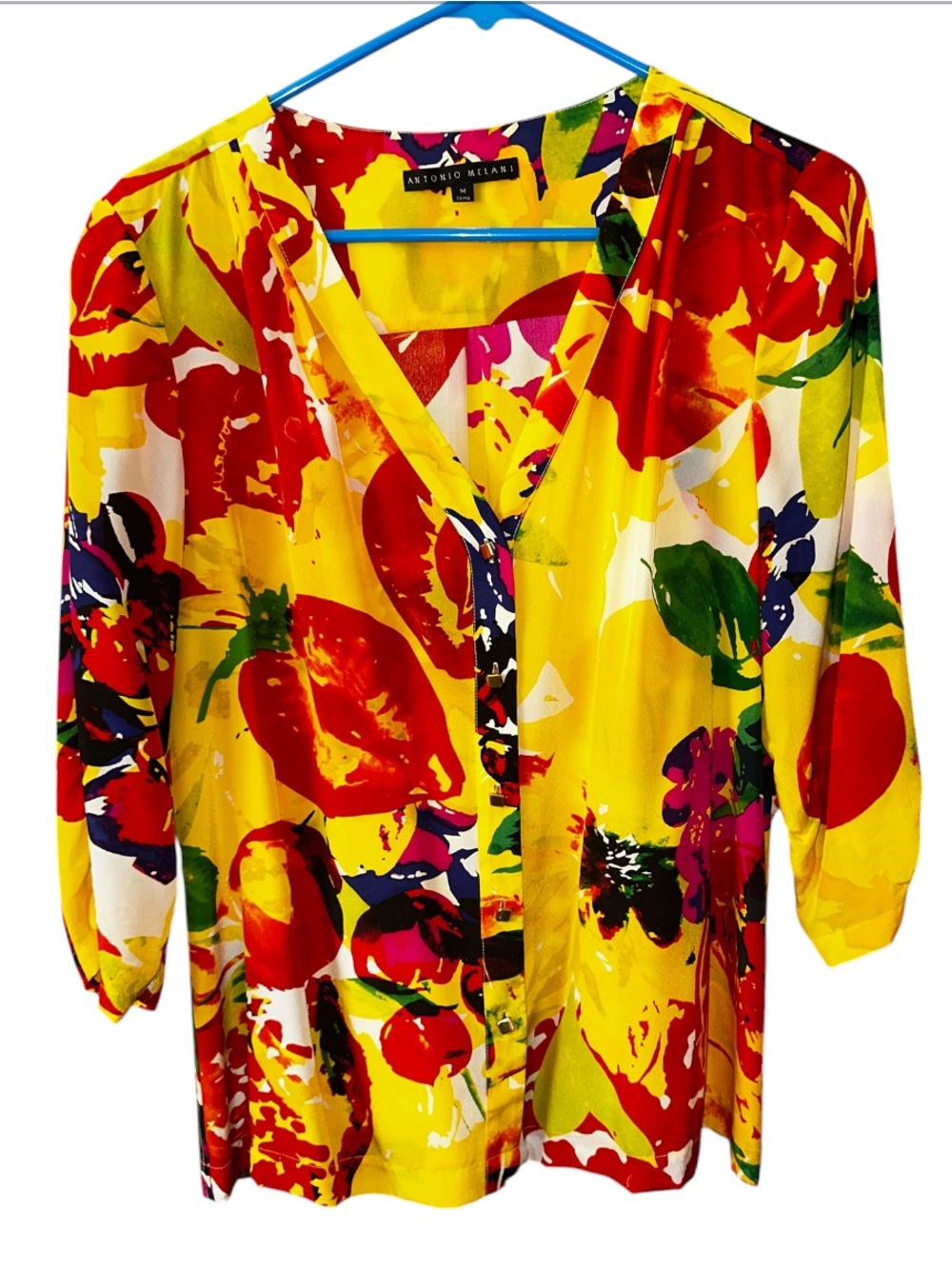 ANTONIO MELANI 100% Silk V-Neck Floral Print Top - Yellow, Red & Green